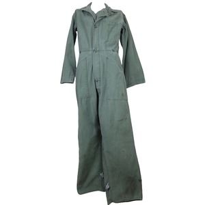 Vintage 70s Unisex Utility Khaki Green Button Up Collared Jumpsuit Coveralls